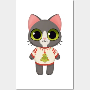 Holiday Grey and White Kitten Posters and Art